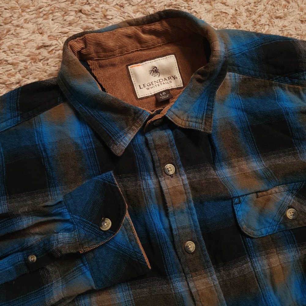 Legendary Whitetails Flannel Shirt Mens Large Blue Brown Plaid Corduroy Trim